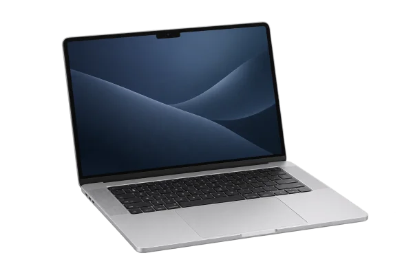 Illustration of an open silver MacBook Pro
